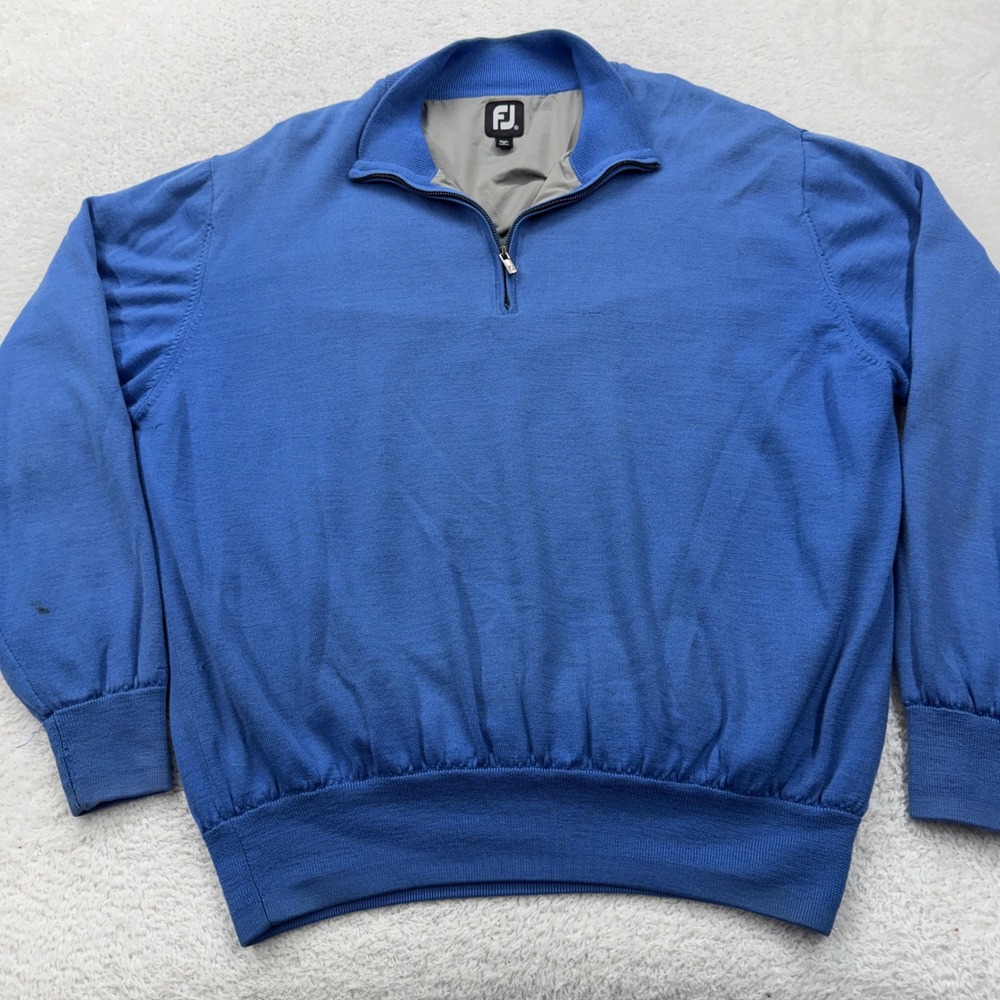 FJ FootJoy Mens XL Blue 100 Wool Quarter Zip Pullover Golf Sweater